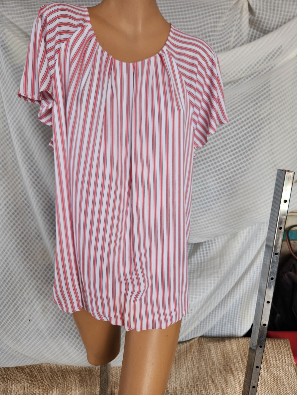 Liz Claiborne Pink and White Striped Short Sleeve Blouse